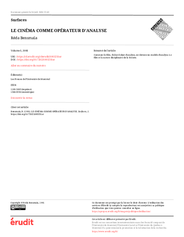 First page of “Le Cinéma Comme Opérateur D’Analyse”