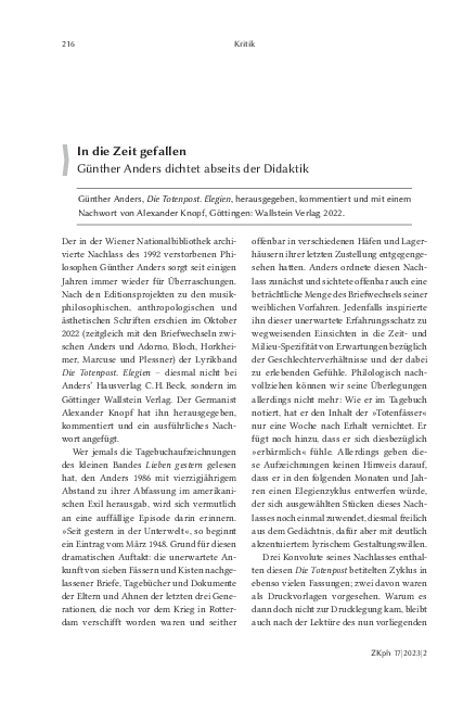 First page of “In die Zeit gefallen – Günther Anders dichtet abseits der Didaktik”