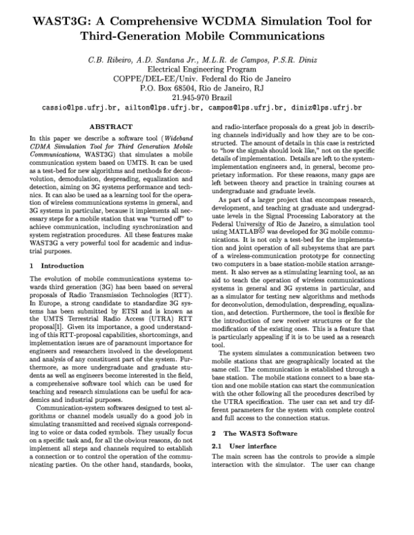 First page of “WAST3G: A comprehensive WCDMA simulation tool for third-generation mobile communications”