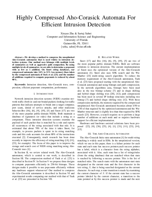 First page of “Highly compressed Aho-Corasick automata for efficient intrusion detection”