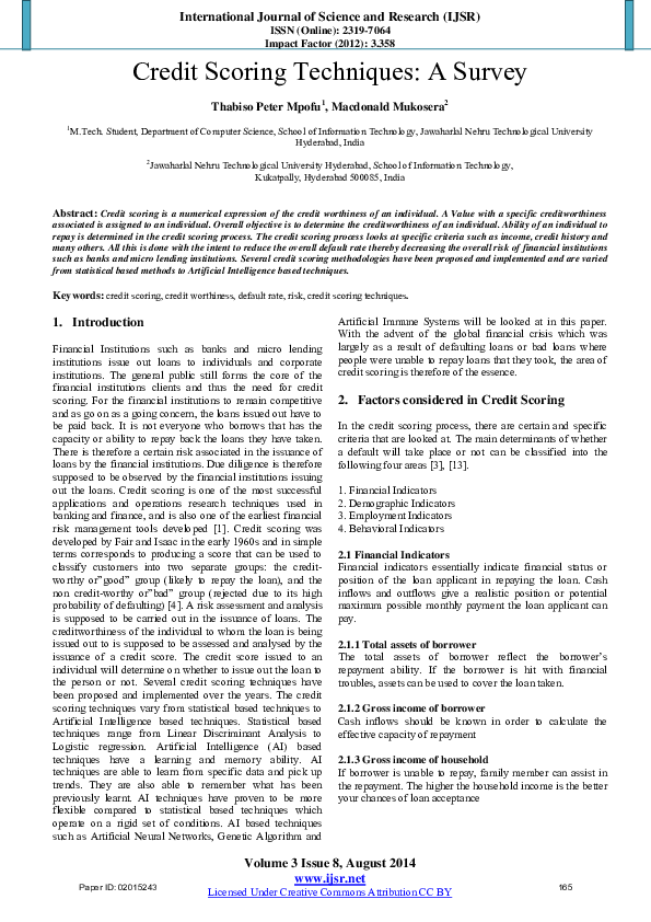 First page of “Credit Scoring Techniques: A Survey”