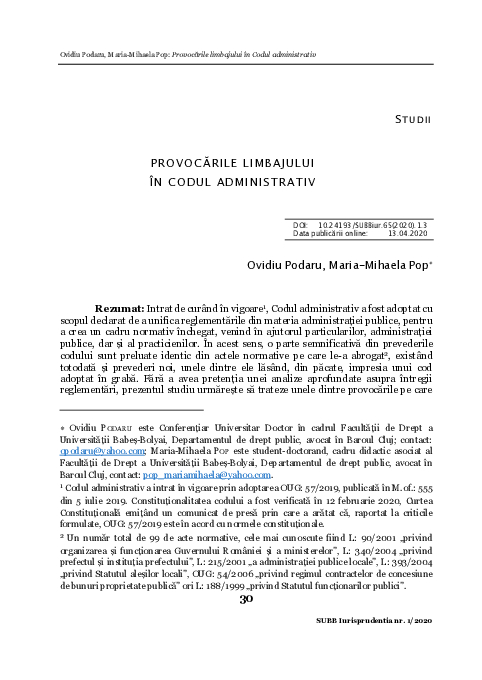 First page of “Provocările limbajului în Codul administrativ”