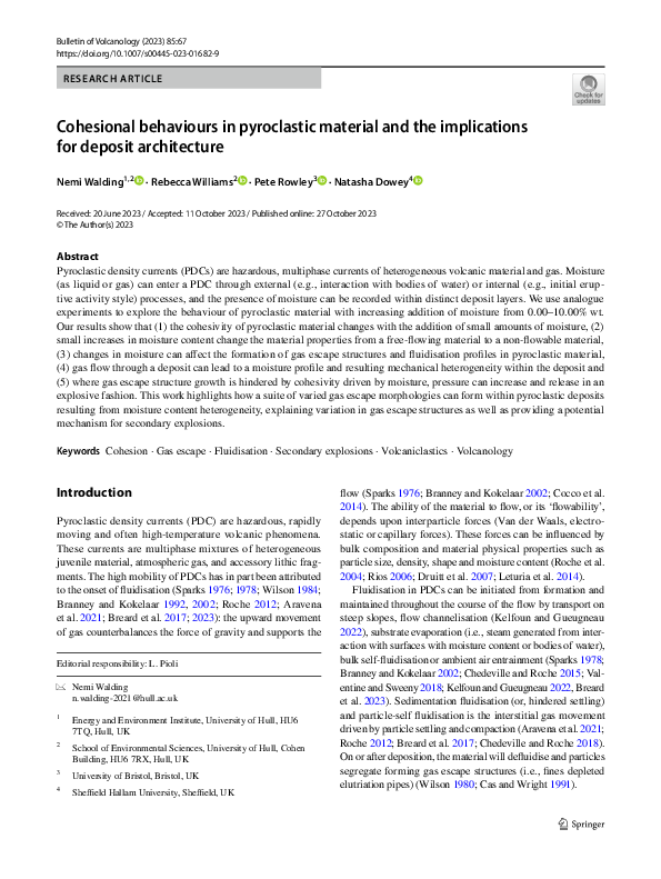 First page of “Cohesional behaviours in pyroclastic material and the implications for deposit architecture”