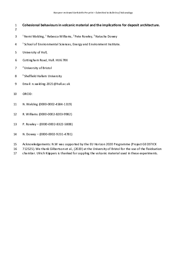 First page of “Cohesional behaviours in volcanic material and the implications for deposit architecture”