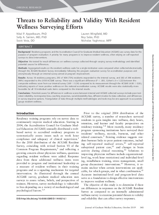 First page of “Threats to Reliability and Validity With Resident Wellness Surveying Efforts”