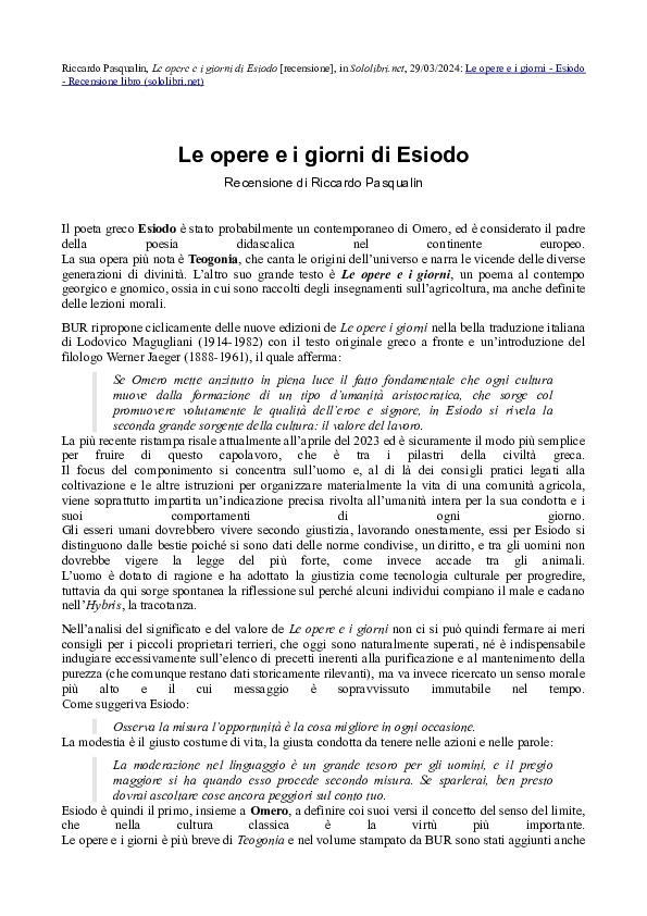 First page of “Le opere e i giorni di Esiodo [recensione]”