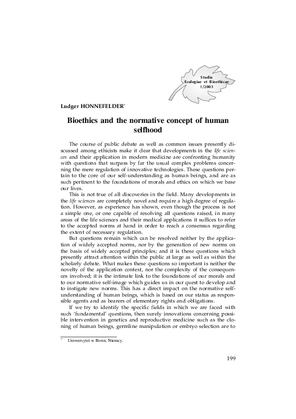 First page of “Bioethics and the normative concept of human selfhood”