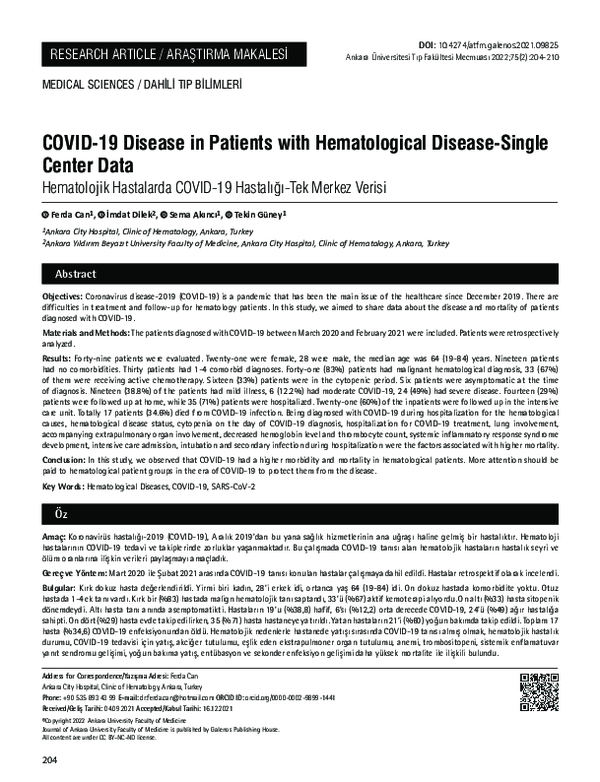 First page of “COVID-19 Disease in Patients with Hematological Disease-Single Center Data”