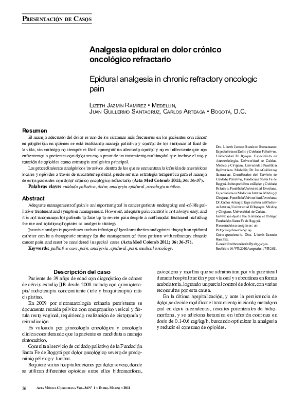 First page of “Analgesia epidural en dolor crónico oncológico refractario”