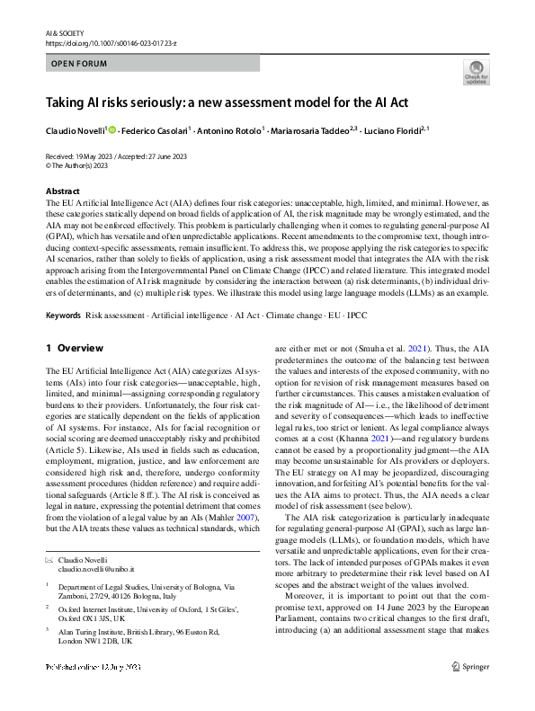 First page of “Taking AI Risks Seriously: A Proposal for the AI Act”