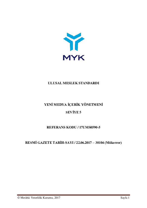 First page of “MYK - Yeni Medya İçerik Yönetmeni Meslek Standardı”