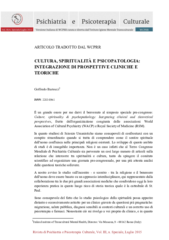 First page of “CULTURA, SPIRITUALITÀ E PSICOPATOLOGIA: INTEGRAZIONE DI PROSPETTIVE CLINICHE E TEORICHE”