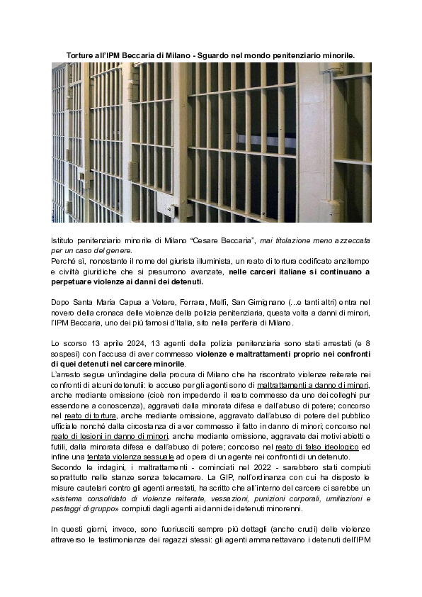 First page of “Torture all'IPM Beccaria di Milano - Sguardo nel mondo penitenziario minorile”