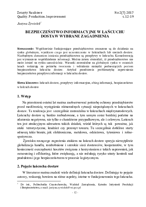 First page of “Bezpieczeństwo Informacyjne W Łańcuchu Dostaw Wybrane Zagadnienia”