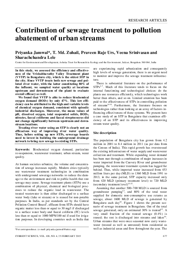 First page of “Contribution of Sewage Treatment to Pollution Abatement of Urban Streams”