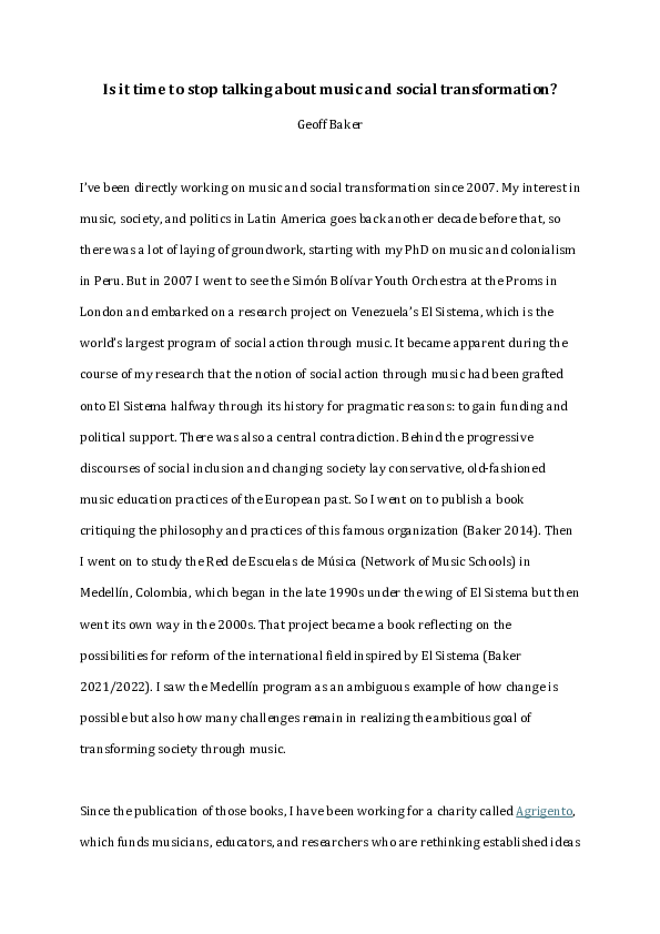 First page of “Is it time to stop talking about music and social transformation?”