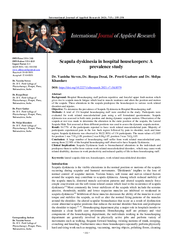 First page of “Scapula dyskinesia in hospital housekeepers: A prevalence study”