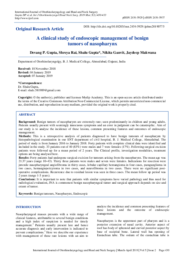 First page of “A clinical study of endoscopic management of benign tumors of nasopharynx”