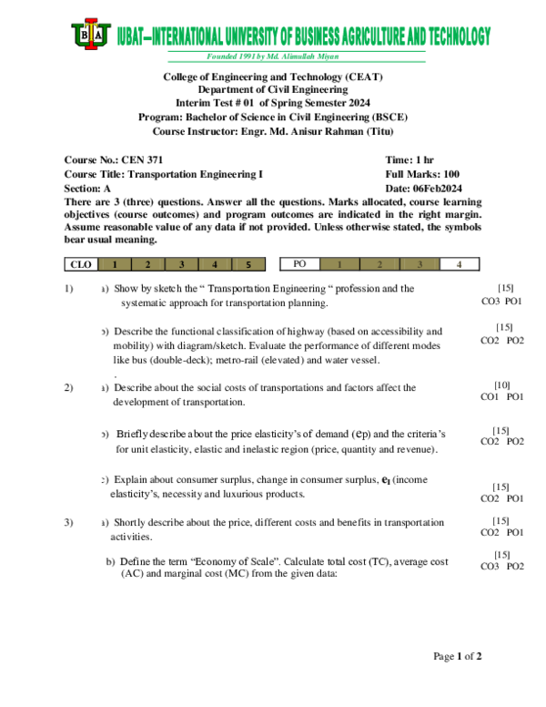 First page of “Test#01 on CEN371 A_Spring 2024-CE_IUBAT”