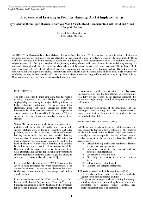 First page of “Problem-based learning in facilities planning: a pilot implementation”