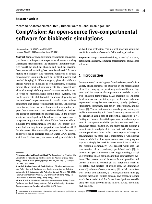 First page of “CompVision: An open-source five-compartmental software for biokinetic simulations”