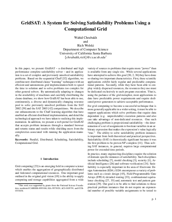 First page of “GridSAT: a system for solving satisfiability problems using a computational grid”