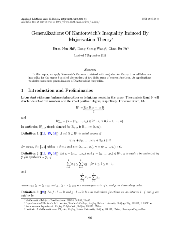 First page of “Generalizations Of Kantorovich's Inequality Induced By Majorization Theory”