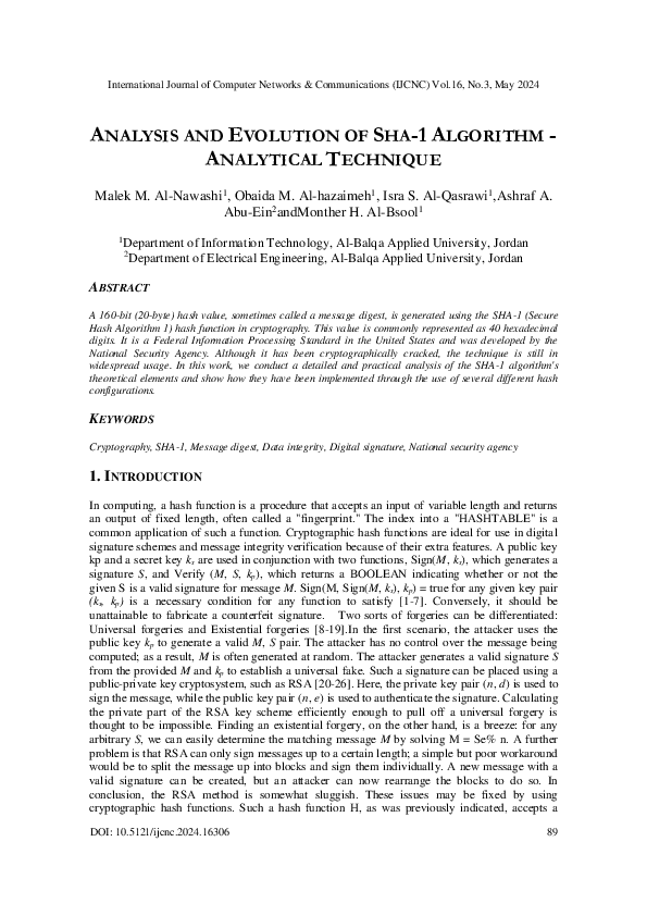 First page of “ANALYSIS AND EVOLUTION OF SHA-1 ALGORITHM -ANALYTICAL TECHNIQUE”