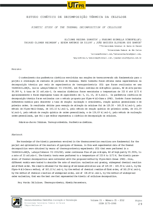 First page of “Estudo Cinético De Decomposição Térmica Da Celulose”