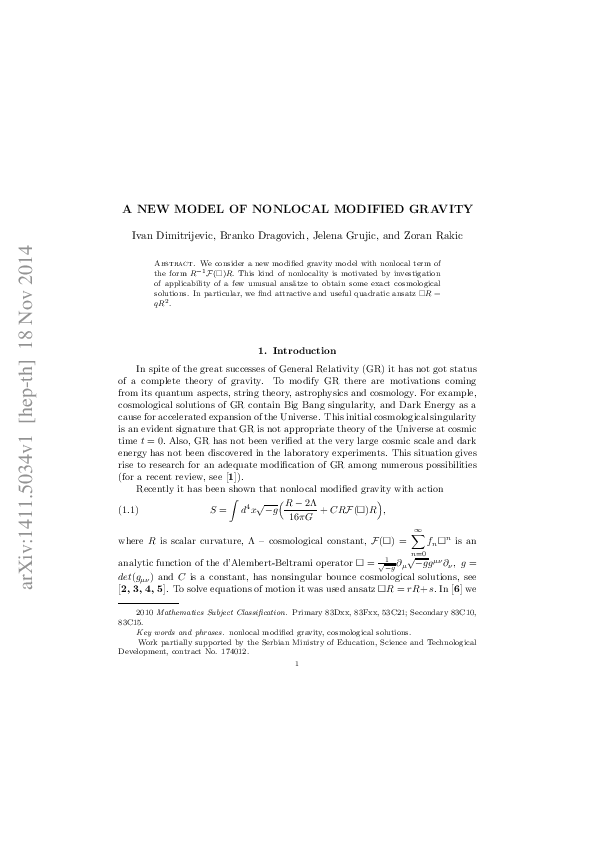 First page of “A New Model of Nonlocal Modified Gravity”