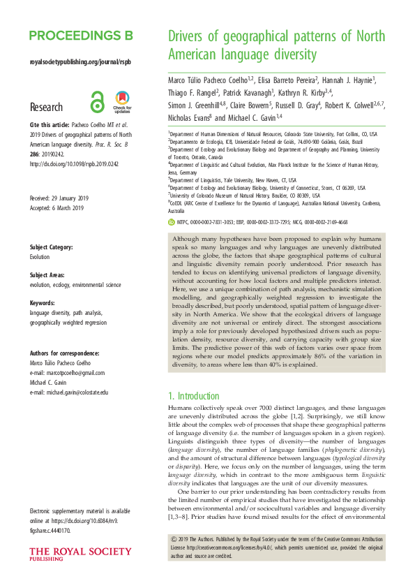 First page of “Drivers of geographical patterns of North American language diversity”