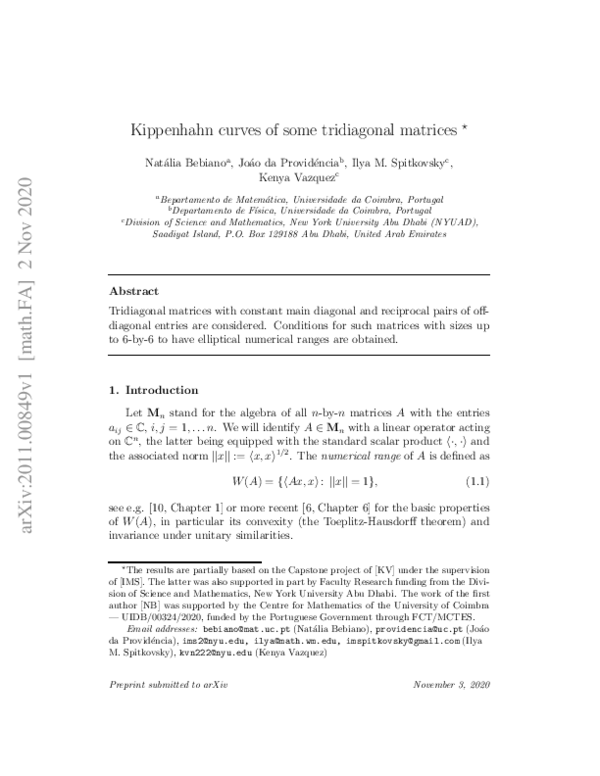 First page of “Kippenhahn curves of some tridiagonal matrices”