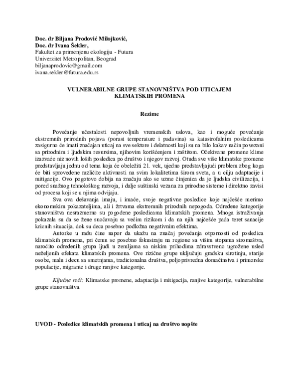 First page of “VULNERABILNE GRUPE STANOVNIŠTVA POD UTICAJEM 
KLIMATSKIH PROMENA”