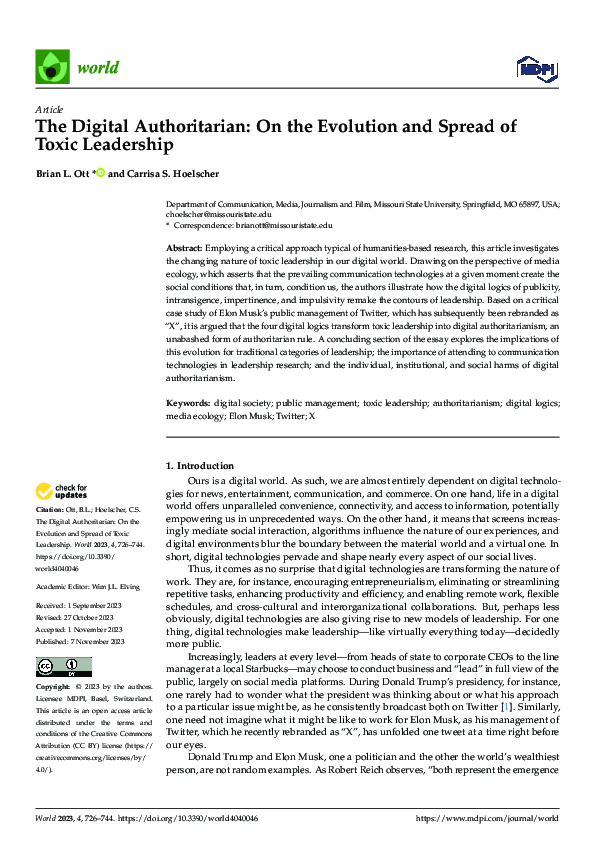 First page of “The Digital Authoritarian: On the Evolution and Spread of Toxic Leadership”