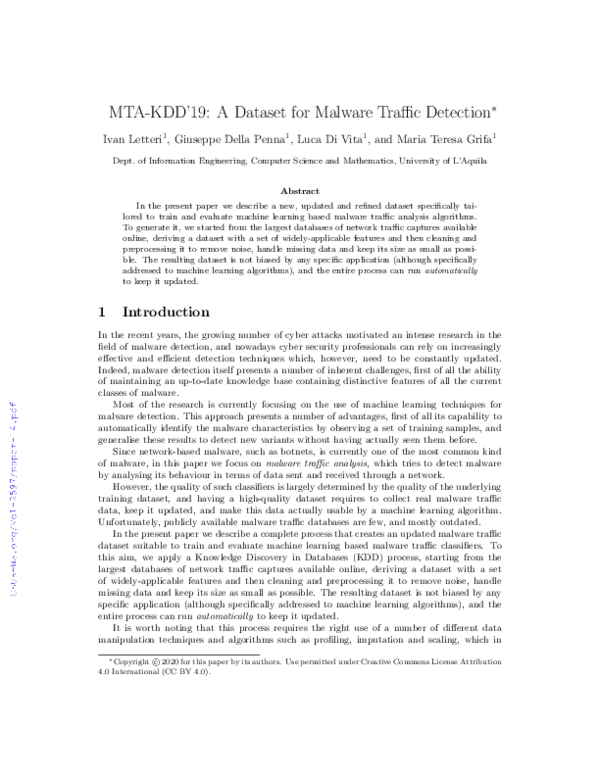 First page of “MTA-KDD'19: A Dataset for Malware Traffic Detection”