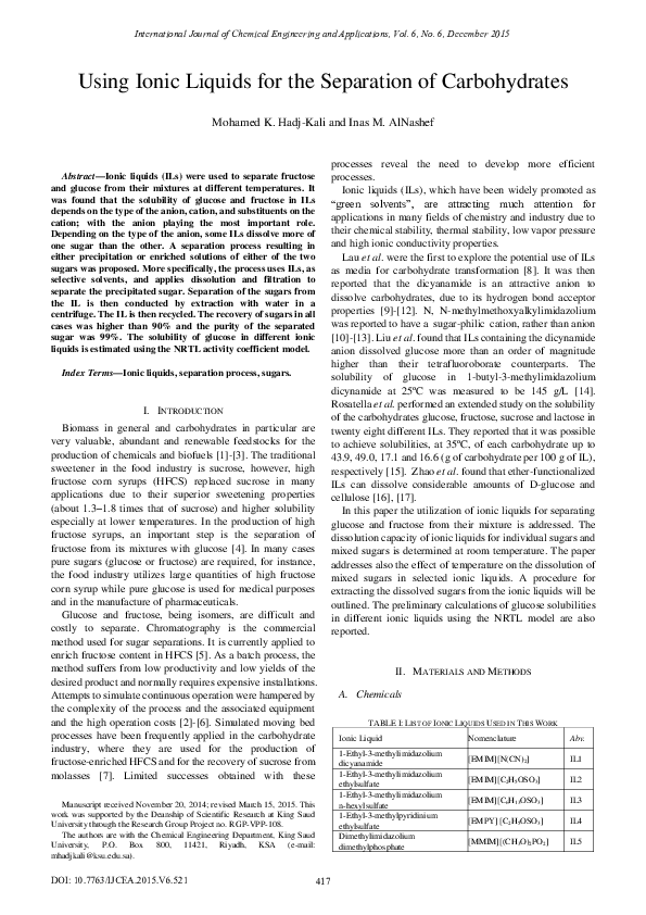 First page of “Using Ionic Liquids for the Separation of Carbohydrates”