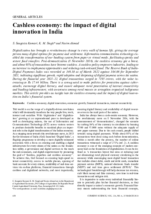 First page of “Cashless Economy-Impact of digital innovation in India”