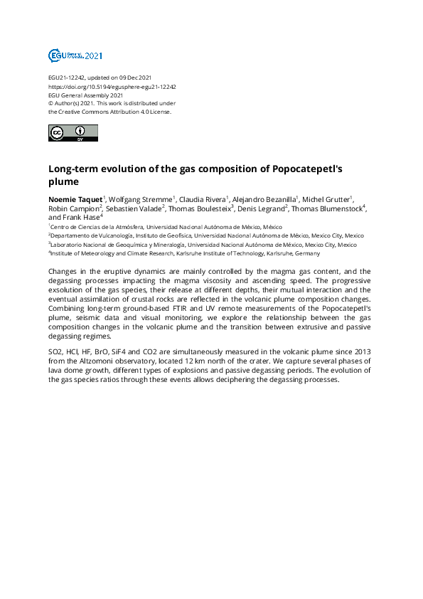 First page of “Long-term evolution of the gas composition of Popocatepetl's plume”