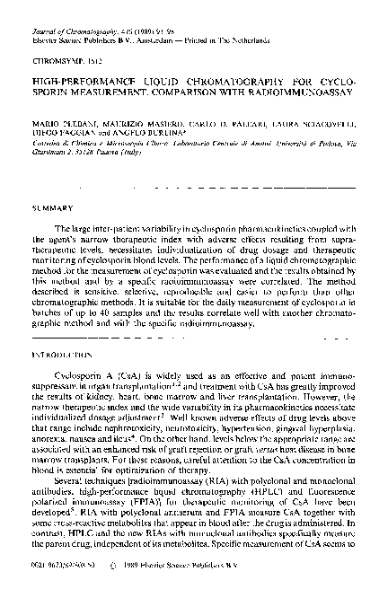 First page of “High-performance liquid chromatography for cyclosporin measurement: comparison with radioimmunoassay”