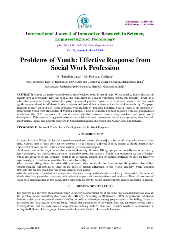 First page of “Problems of Youth: Effective Response from Social Work Profession”