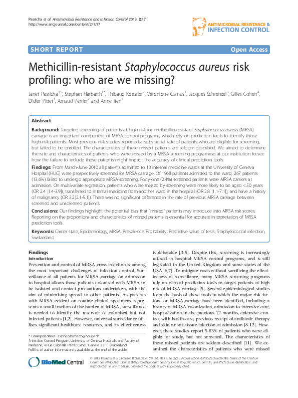 First page of “Methicillin-resistant Staphylococcus aureus risk profiling: who are we missing?”