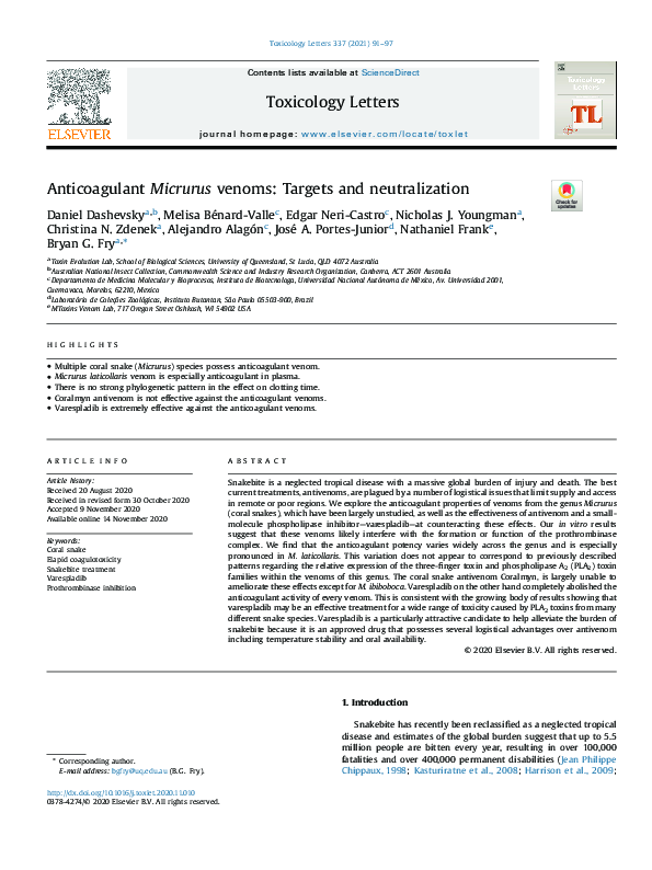 First page of “Anticoagulant Micrurus venoms: Targets and neutralization”