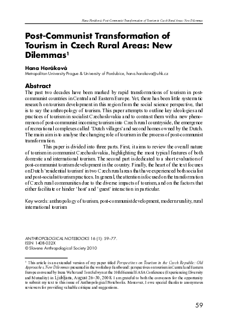 First page of “Post-Communist Transformation of Tourism in Czech Rural Areas: New Dilemmas”