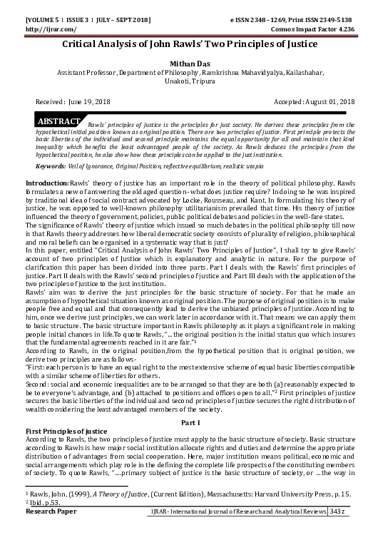 First page of “Critical Analysis of John Rawls’ Two Principles of Justice”