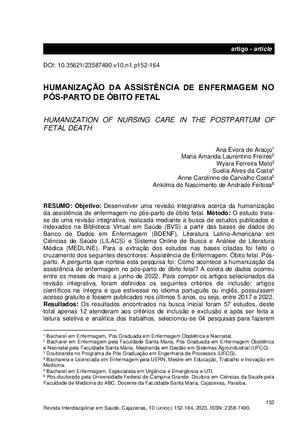 First page of “Humanização Da Assistência De Enfermagem No Pós-Parto De Óbito Fetal”