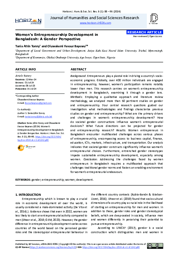 First page of “RESEARCH ARTICLE: Women's Entrepreneurship Development in  Bangladesh: A Gender Perspective”