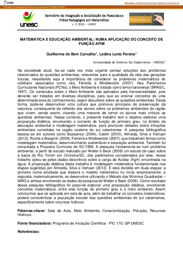 First page of “Matemática e Educação Ambiental: Numa Aplicação Do Conceito De Função Afim”