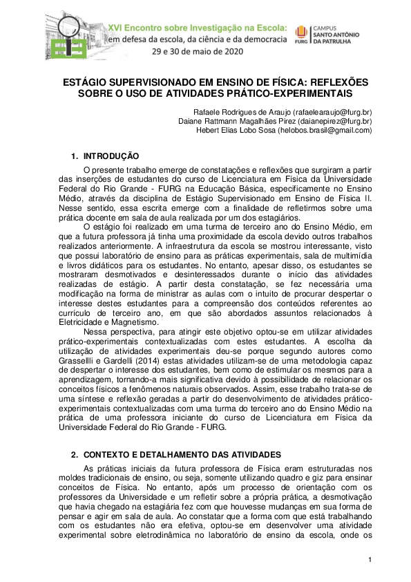 First page of “Estágio supervisionado em Ensino de Física”