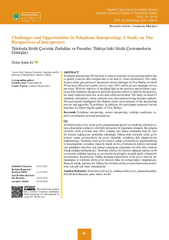 First page of “2024 - Challenges and Opportunities in Telephone Interpreting”