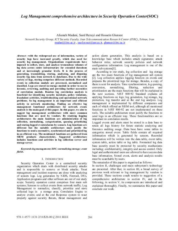 First page of “Log management comprehensive architecture in Security Operation Center (SOC)”